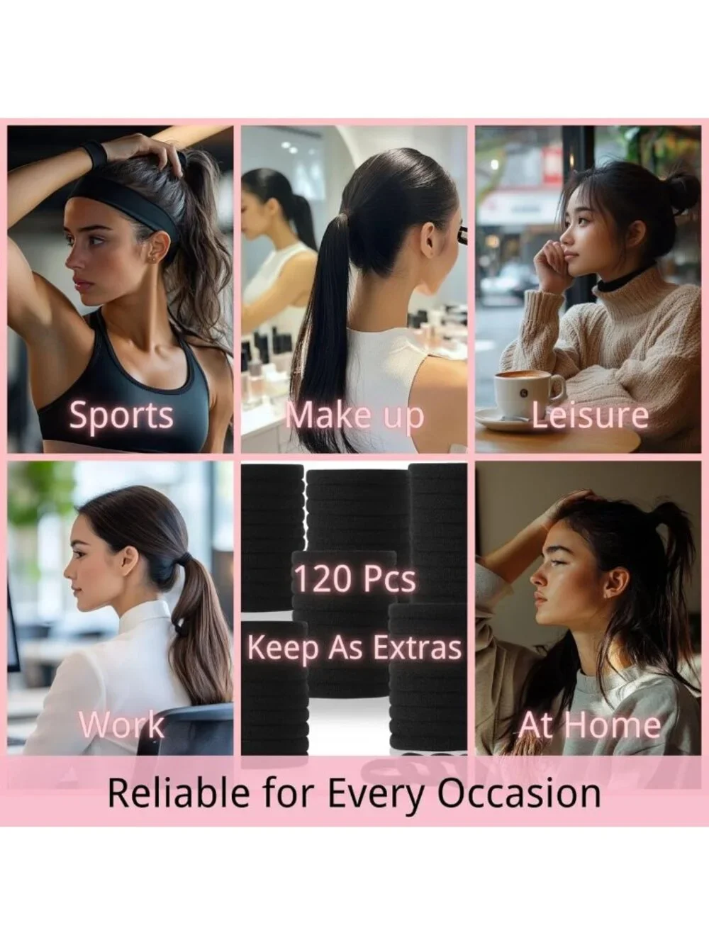 120PCS No Damage Black Hair Ties – Seamless Elastic Ponytail Holders for Thick